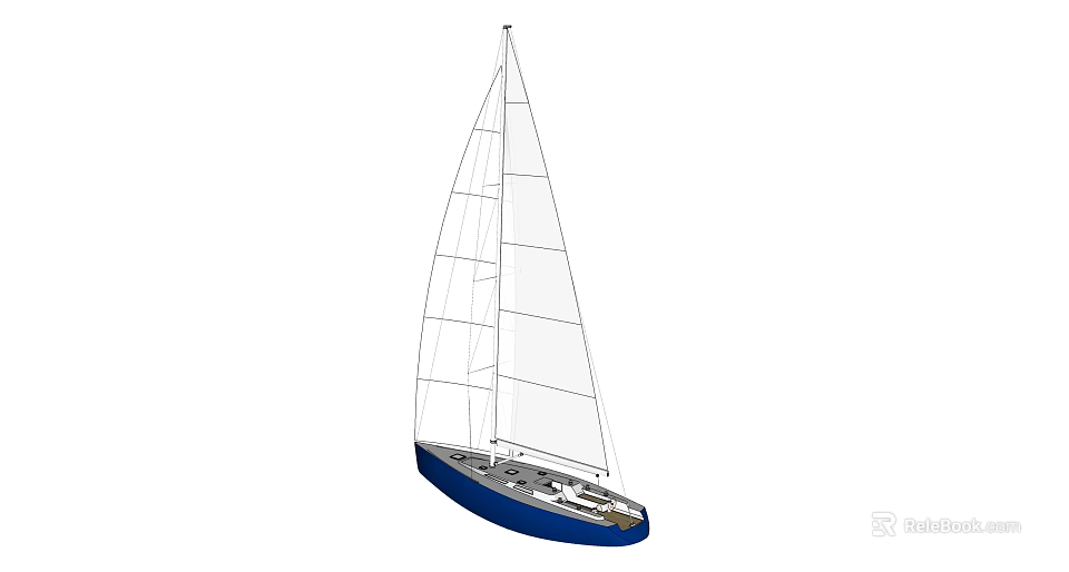Blue Hull Sailing Boat With White Sails And Mast On Deck 3d model 