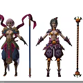 Game Film Characters With Pink Green Hair Ornate Costumes Ribbons Skulls Staffs