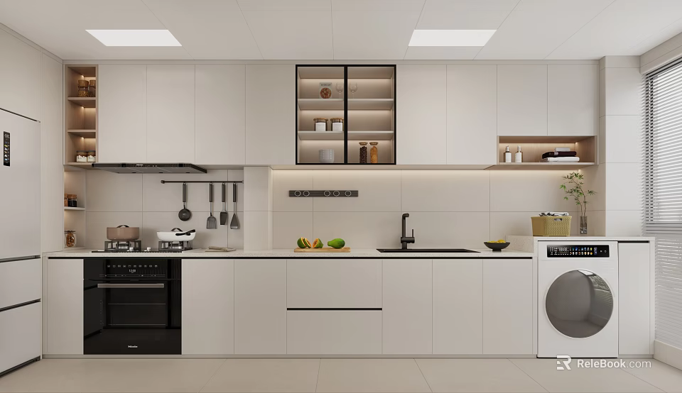 Modern Minimalist Kitchen Interior Design With White Cabinets Countertop And Appliances Utensils And Fresh Fruits 3d model 