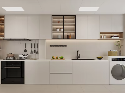 Modern Minimalist Kitchen Interior Design With White Cabinets Countertop And Appliances Utensils And Fresh Fruits 3d model