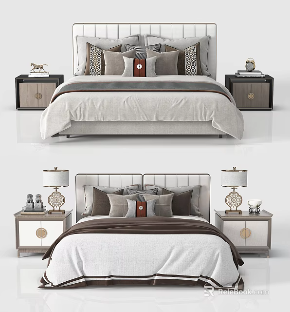 Elegant Double Bed With Decorative Pillows Soft Bedspread Nightstands And Table Lamps 3d model