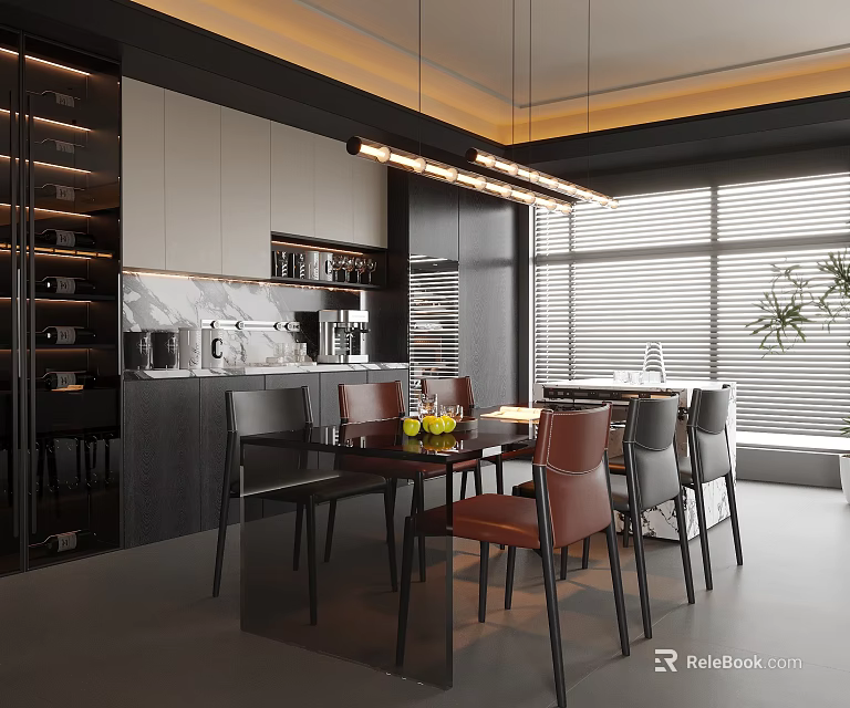 Modern Restaurant Interior With Dining Table Chairs Hanging Lights And Large Windows 3d model 