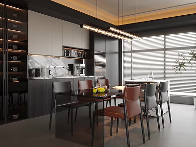 Modern Restaurant Interior With Dining Table Chairs Hanging Lights And Large Windows 3d model