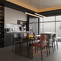 Modern Restaurant Interior With Dining Table Chairs Hanging Lights And Large Windows