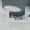 Modern Store Front Desk Design With Circular Ceiling Light Large Glass Windows And Indoor Plants