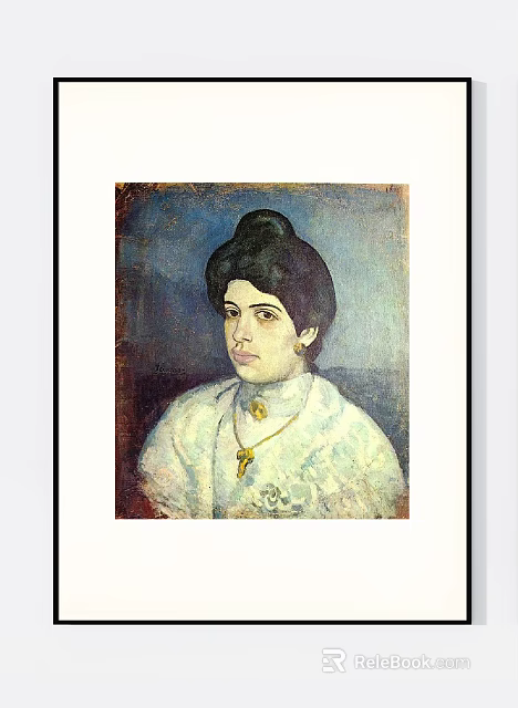 Vintage Female Portrait Painting With Black Bun Earrings White Lace Dress And Blue Background 3d model 