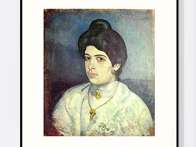 Vintage Female Portrait Painting With Black Bun Earrings White Lace Dress And Blue Background 3d model