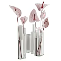Transparent Glass Cylindrical Vases With Red Anthurium Flowers And Green Pink Leaves