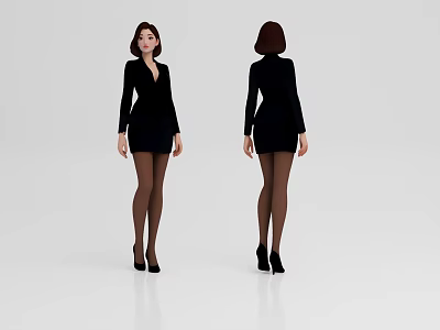 Woman In Black Dress With High Heels And Stockings Front Back View 3d model