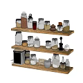 Neatly Arranged Glass Spice Jars On Wooden Shelves For Kitchen Organization