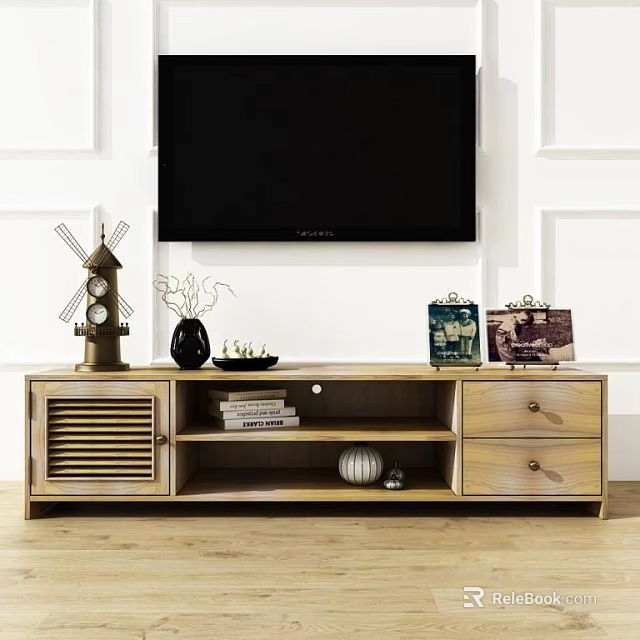 Modern Light Wood TV Stand with Storage Drawers Open Shelves and Decorative Items 3d model 
