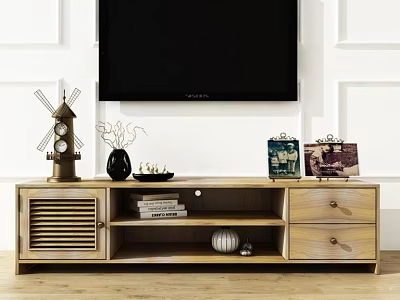 Modern Light Wood TV Stand with Storage Drawers Open Shelves and Decorative Items 3d model