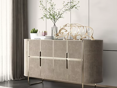 Elegant Light Gray Entryway Side Cabinet With Golden Legs And Decorative Green Plants 3d model