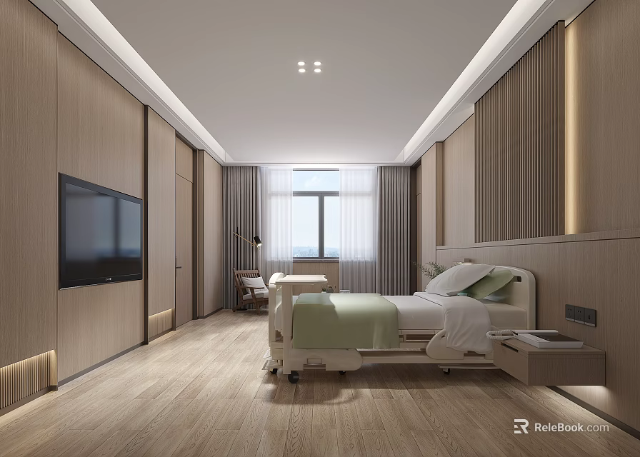 Modern Hospital Room Interior With Wooden Walls TV And Comfortable Bed 3d model 