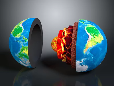 Earth Cross Section Showing Internal Layers With Blue Surface And Green Landmasses 3d model