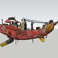 Red Ship Model With Small House Chimney Barrels On Pink Background