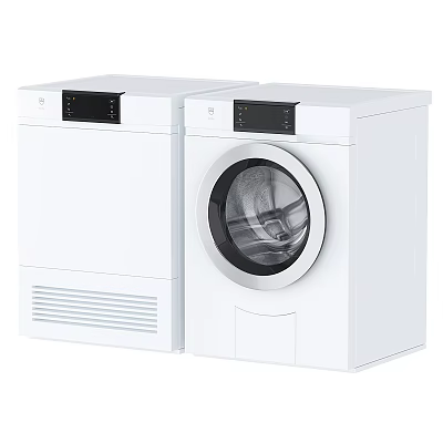 White Modern Washing Machine And Dryer With Front Load Door And Control Panel 3d model