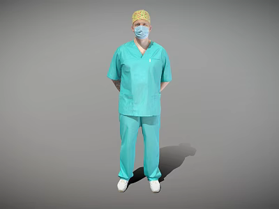 Man Standing in Teal Scrub Suit With Yellow Surgical Cap And Face Mask 3d model