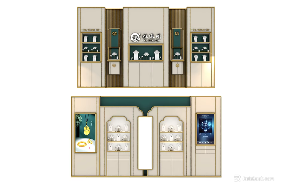 Elegant Jewelry Display Shelves With Glass Cases Illuminated Lighting And Brand Logo 3d model 