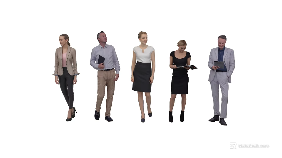 Group of Business Professionals Standing and Walking in Formal Attire Holding Documents 3d model 
