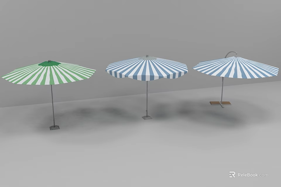 Three Green Blue White Striped Outdoor Patio Umbrellas with Sturdy Bases and Side Table Attachment 3d model 