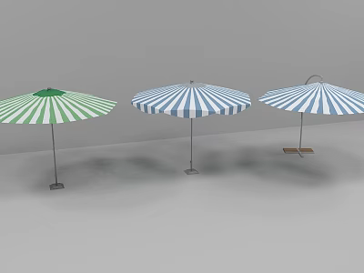 Three Green Blue White Striped Outdoor Patio Umbrellas with Sturdy Bases and Side Table Attachment 3d model
