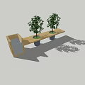Wooden Outdoor Landscape Bench With Potted Trees And Backrest Design
