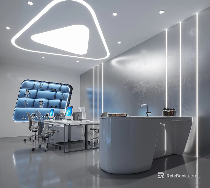 Modern Public Office Space With Ergonomic Workstations And Triangular LED Ceiling Light 3d model 