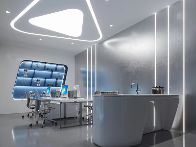Modern Public Office Space With Ergonomic Workstations And Triangular LED Ceiling Light 3d model