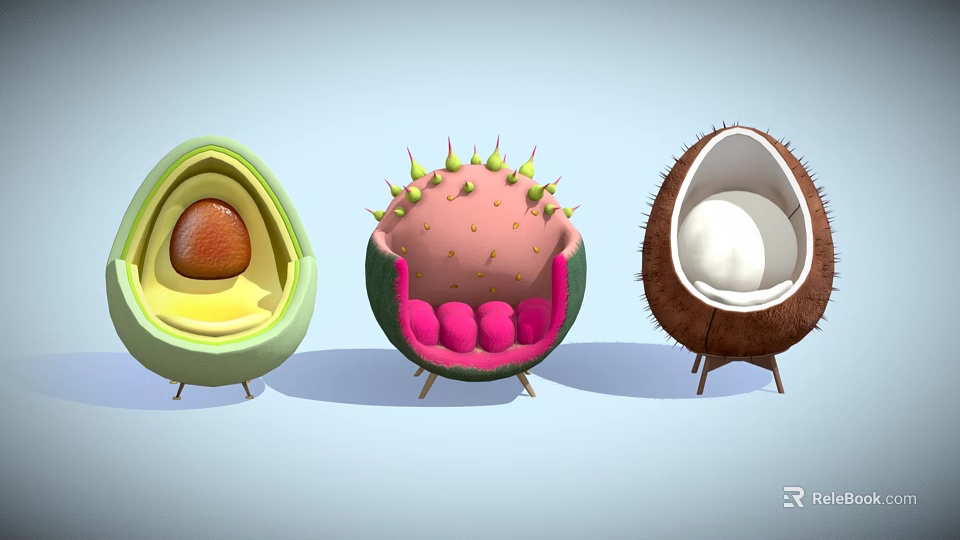 Unique Single Sofas With Creative Avocado Coconut And Spiky Fruit Shaped Designs 3d model 