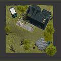 Cartoon Scene With Red House Green Roof Greenhouse Shed And Trees On Green Grass