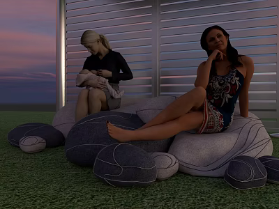 Relaxing Garden Landscape With Two Women On Gray Bean Bag Sofas And Sunset Sky 3d model