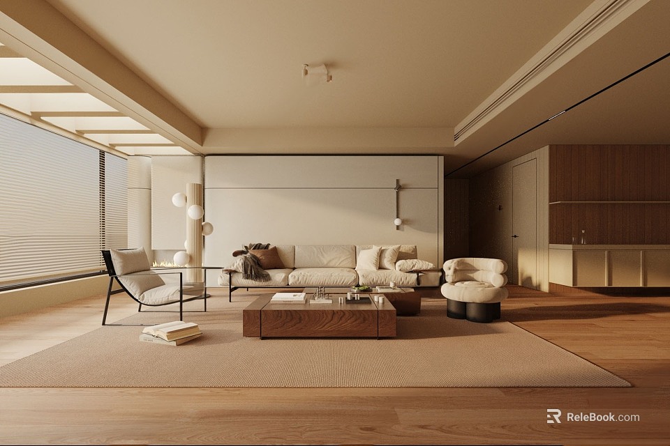 Modern Minimalist Living Room Interior With Beige Sofa Wooden Flooring Coffee Table And Rug 3d model 