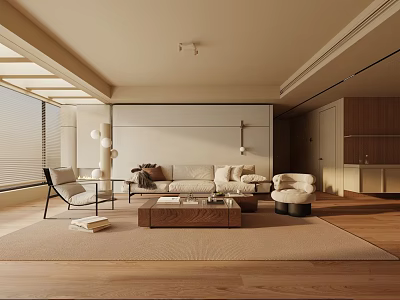 Modern Minimalist Living Room Interior With Beige Sofa Wooden Flooring Coffee Table And Rug 3d model