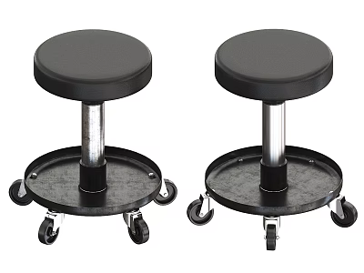Two Black Bar Stools with Round Seats and Metal Bases on Wheels 3d model