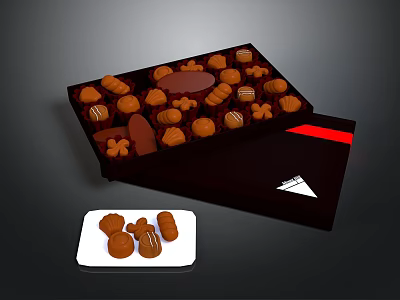 Assorted Chocolate Pieces In Opened Gift Box With White Plate And Various Shapes 3d model