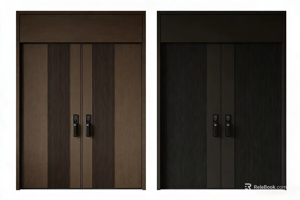 Modern Security Door With Vertical Stripes Dark Brown Black Handles And Locks 3d model 