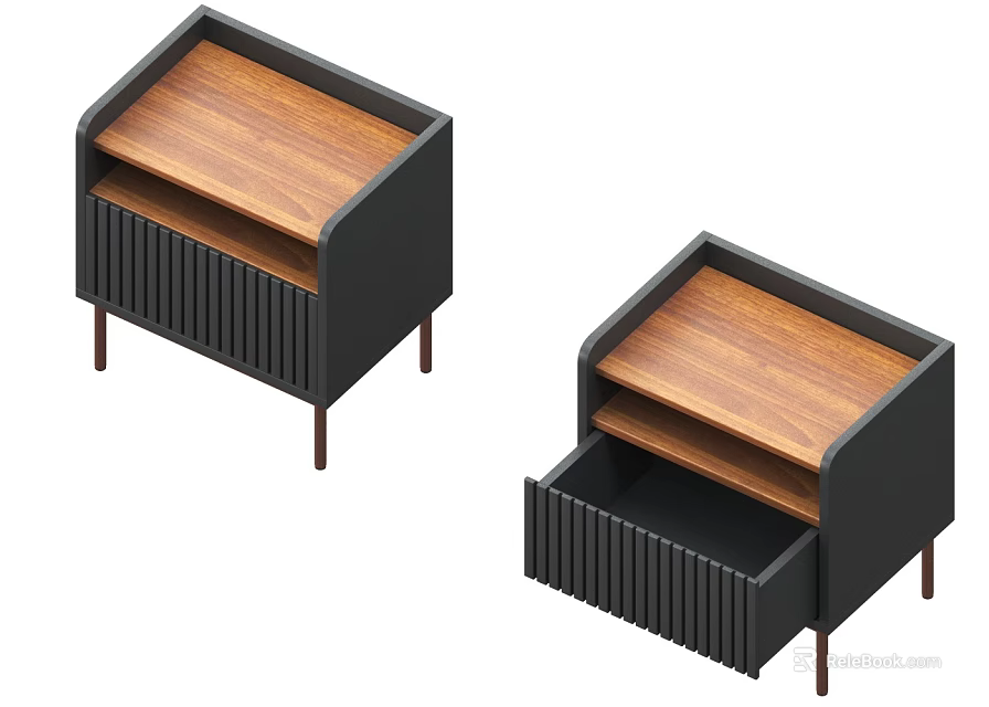 Modern Wooden Top Nightstand With Black Frame Brown Legs And Open Drawer Design 3d model 