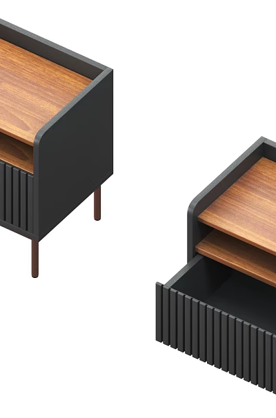 Modern Wooden Top Nightstand With Black Frame Brown Legs And Open Drawer Design 3d model
