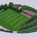 Scenic Park Landscape With Green Lawn People Playing Trees And Sports Facilities