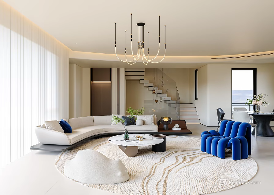 Modern Living Dining Area Interior With Curved Sofa Blue Chairs Coffee Table Chandelier And Rug 3d model 