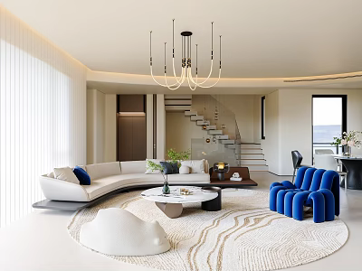 Modern Living Dining Area Interior With Curved Sofa Blue Chairs Coffee Table Chandelier And Rug 3d model