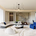 Modern Living Dining Area Interior With Curved Sofa Blue Chairs Coffee Table Chandelier And Rug