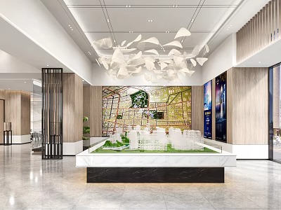 Modern Sales Office Interior With Scale Model Display And Chandelier Design 3d model