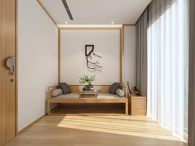 Minimalist Office Interior With Wooden Furniture Bright Natural Light And Wall Decorative Painting 3d model