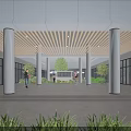 Spacious Modern Public Corridor With Wooden Strip Ceiling And Comfortable Open Green Courtyard Landscape