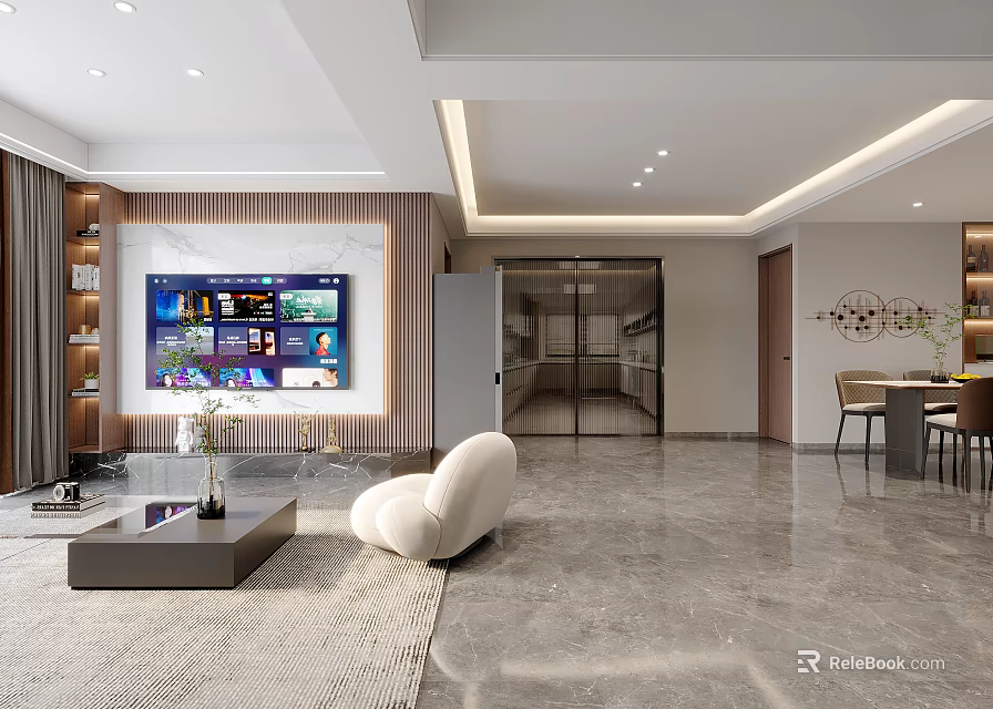 Modern Living And Dining Room With Wooden Accent Wall Large Screen TV White Armchair Open Kitchen And Dining Table 3d model 