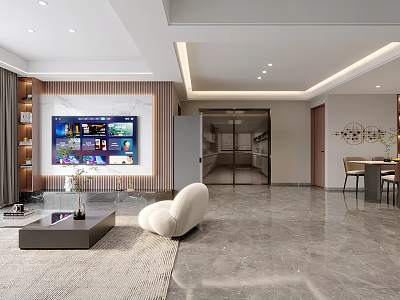 Modern Living And Dining Room With Wooden Accent Wall Large Screen TV White Armchair Open Kitchen And Dining Table 3d model