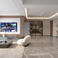 Modern Living And Dining Room With Wooden Accent Wall Large Screen TV White Armchair Open Kitchen And Dining Table
