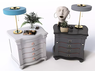 Light And Dark Gray Bedside Tables With Vintage Design Table Lamps Plants And Sculpture 3d model